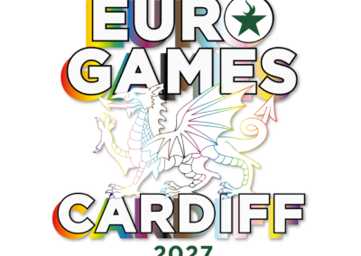 Logo van de EuroGames Cardiff 2027 met witte letters en een kleurrijke draak