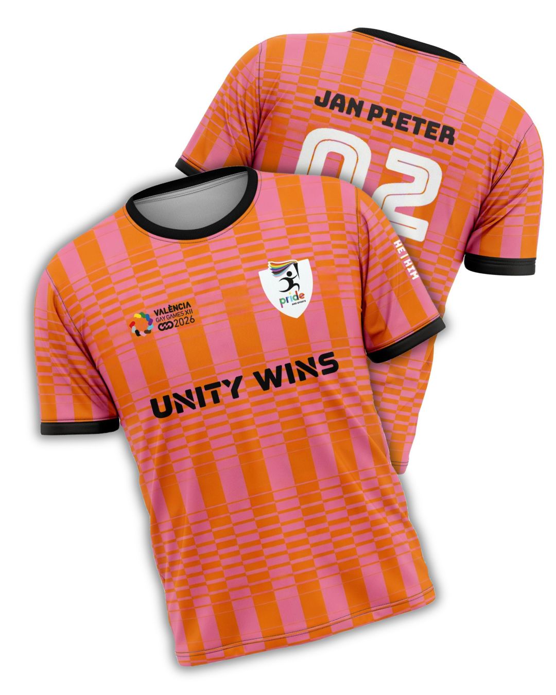 Roze-oranje gestreept sportshirt met 'Unity Wins', 'Pride'-logo, 'Valencia Gay Games XII 2026'-logo en naam 'Jan Pieter'.