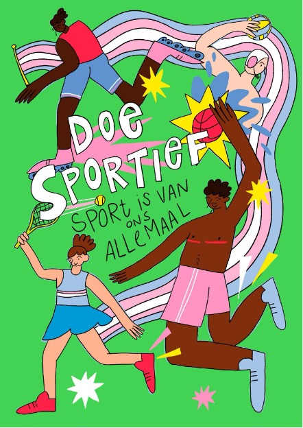 Illustratie met dansende en sportende mensen op groene achtergrond met tekst 'Doe Sportief' en 'Sport is voor allemaal', inclusief regenboogkleuren