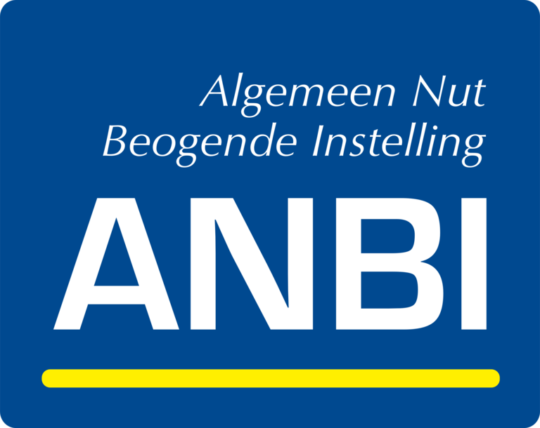 ANBI logo. Algemeen Nut Beogende Instelling in blauw met witte letters en een gele streep. ANBI-status voor goede doelen en fondsen.