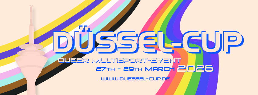 Düsseldorf Cup Queer Multisport Event 2026 banner met de Rheinturm en regenboogkleuren voor automatische concepten.