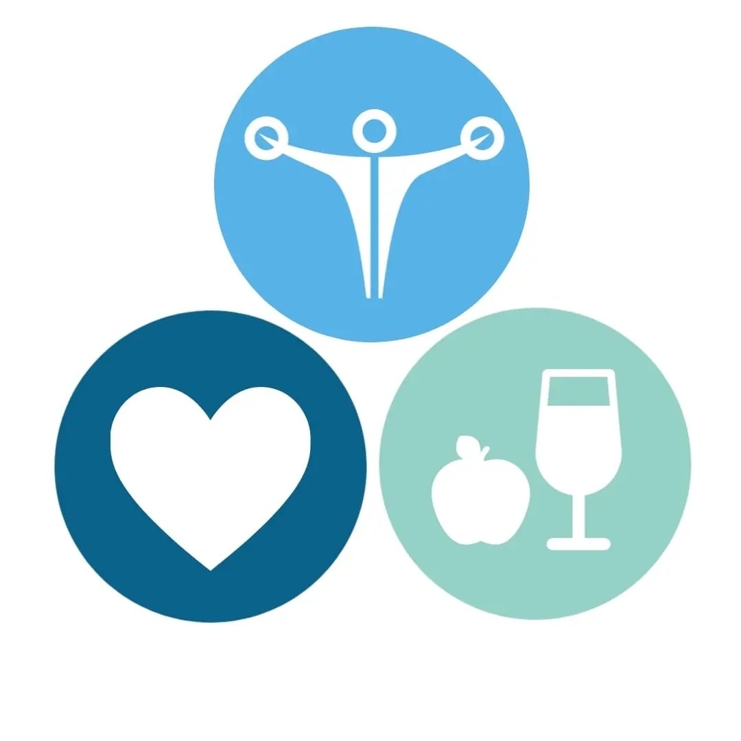 Logo van Body & Mind Queer-vriendelijke groep: silhouet, hart, appel en glas water. Lichaam en geest in balans.