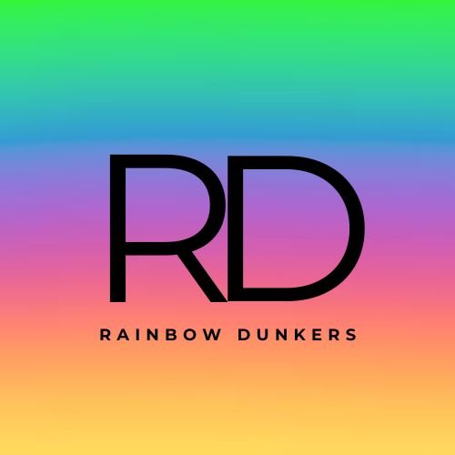 Rainbow Dunkers logo met kleurrijke achtergrond. RD initialen in het zwart.