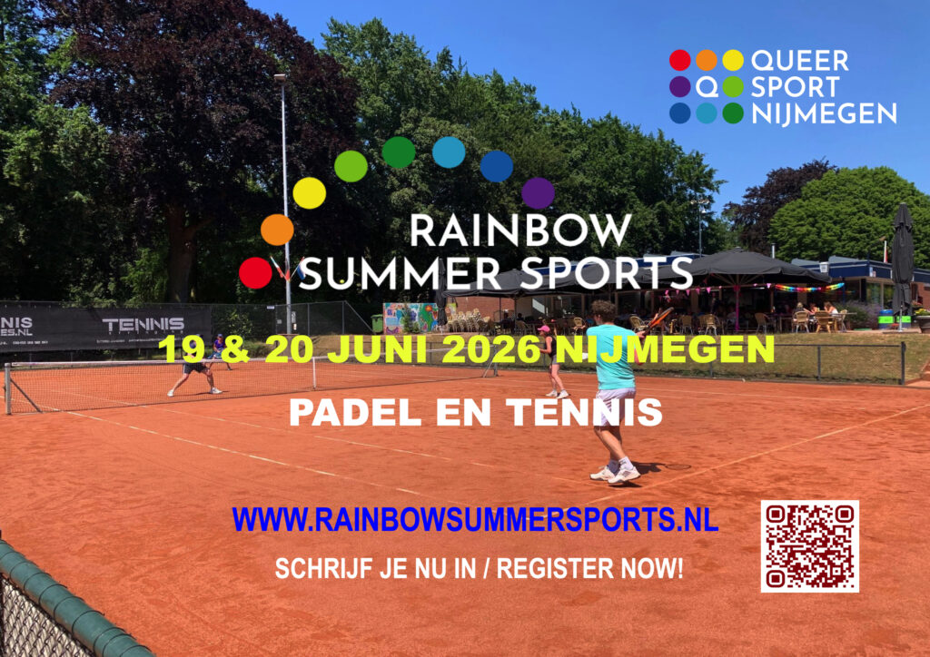 Rainbow Summer Sports Nijmegen affiche: Padel en tennis toernooi op 19 & 20 juni 2026. Inschrijven via rainbowsummersports.nl
