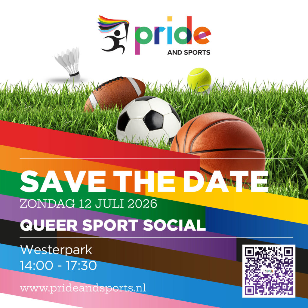 Queer Sport Social (QSS) evenement. Save the date! Met voetbal, basketbal, rugby en meer sporten in Westerpark, 12 juli 2026.
