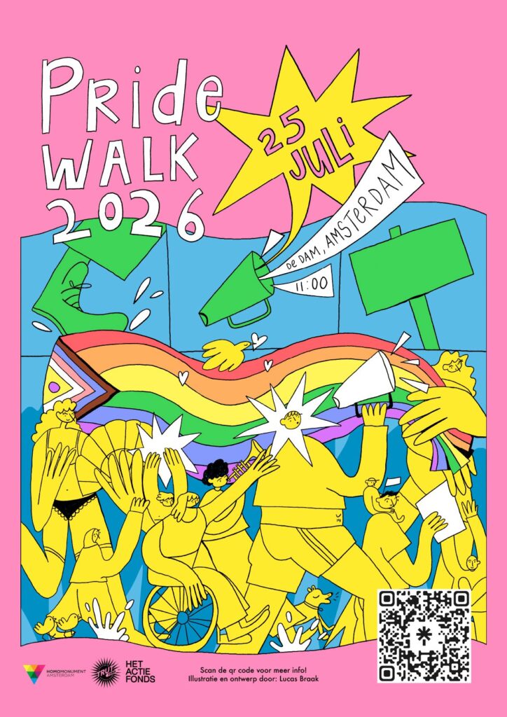 Aankondigingsposter met felroze achtergrond voor Pride Walk 2026 op 25 juli op de Dam in Amsterdam, inclusief illustraties van een regenboogvlag.