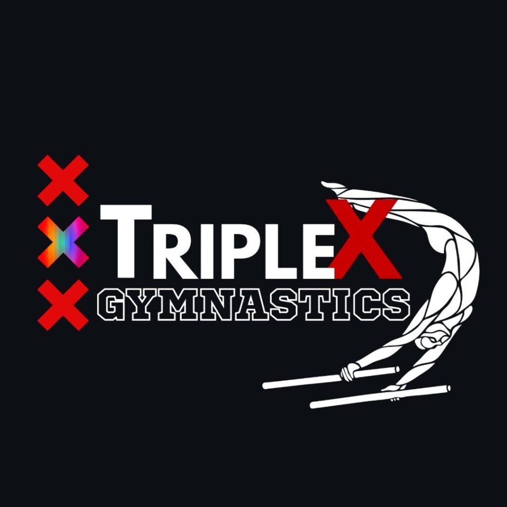 Triple X Gymnastiek logo met turner op brug, rode kruizen en de tekst "Triple X Gymnastics".