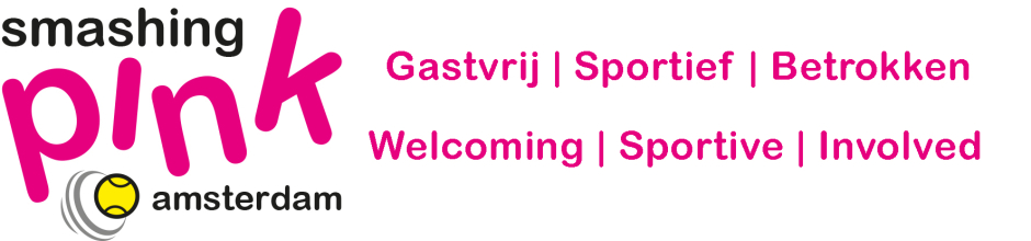 Smashing Pink Amsterdam logo voor het Queer Dubbel Tournament: Gastvrij, sportief en betrokken tennis in Amsterdam.