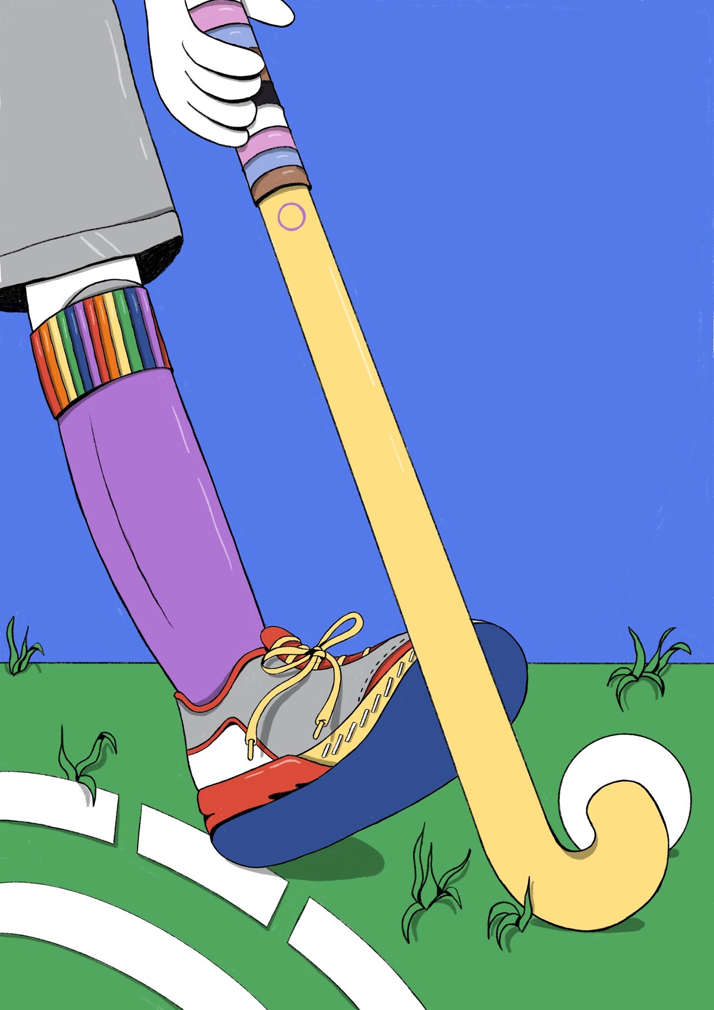 Illustratie van een hockeyer met stick op het veld, detail van schoen, sok en tenue. Ideaal voor sportieve content over hockey.