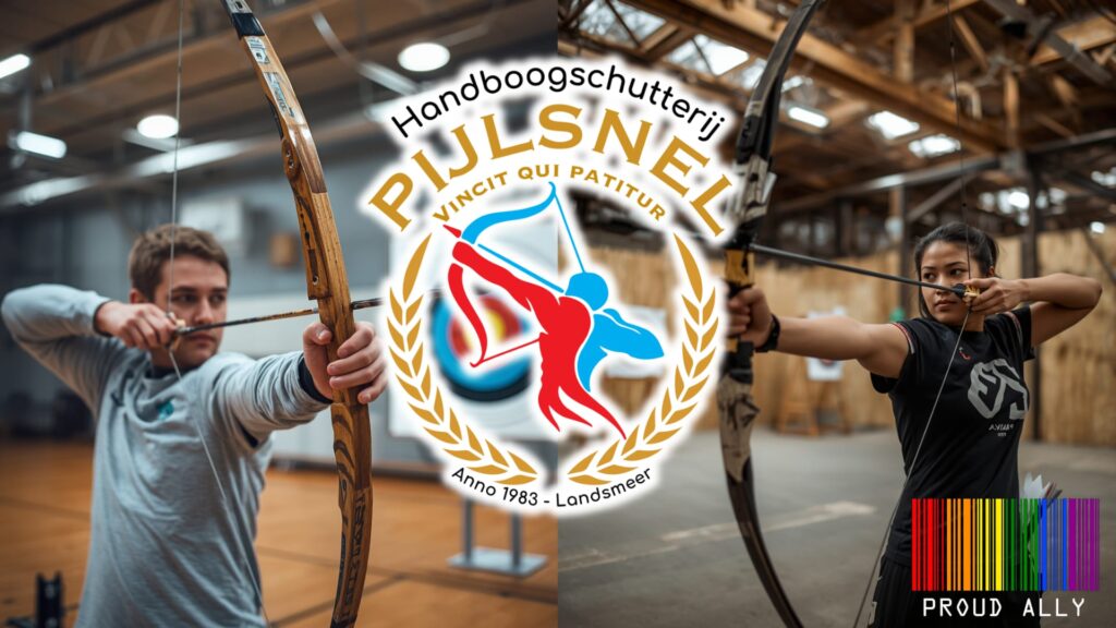 Twee boogschutters in een trainingshal bij het logo van Handboogschutterij PIJLSNEL met de tekst Vincit qui patitur en een Proud Ally regenboogbarcode.