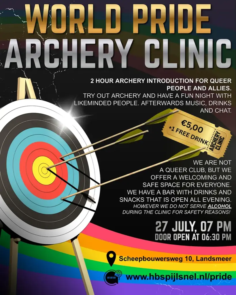 Evenementposter World Pride Archery Clinic met een schietschijf, pijlen en details over datum, locatie en toegangsprijs voor queer personen.