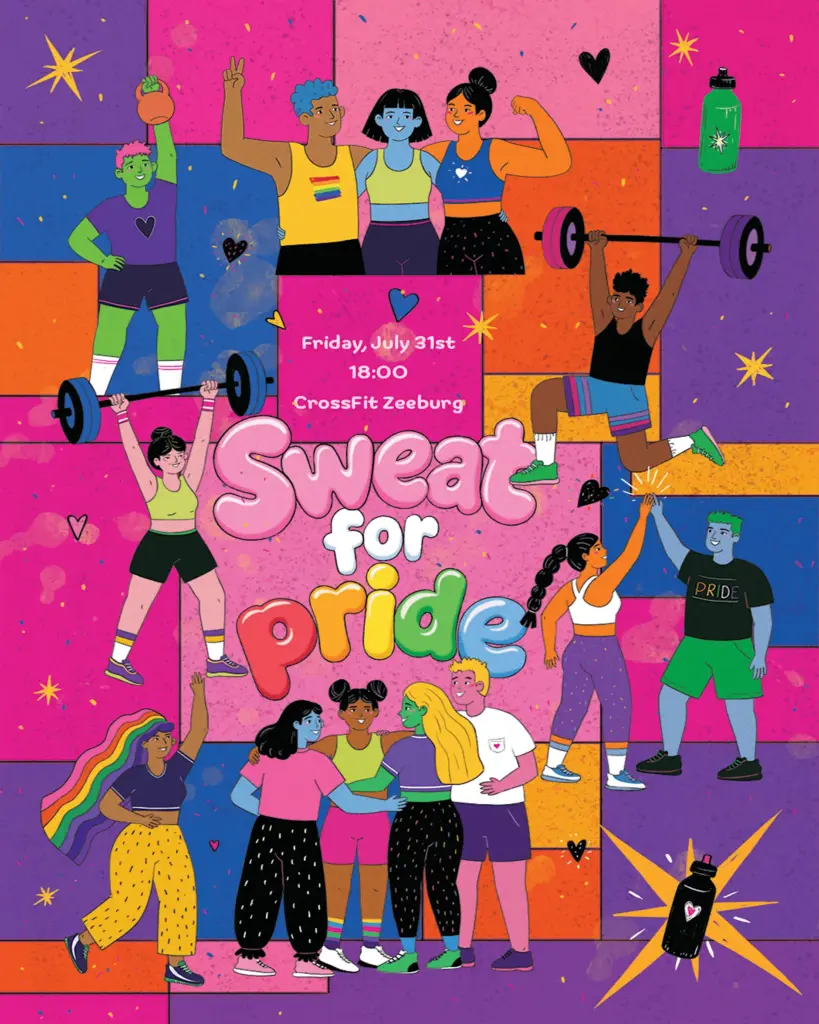 Kleurrijke illustratie van diverse mensen die sporten met de tekst Sweat for Pride bij CrossFit Zeeburg op vrijdag 31 juli om 18:00 uur.
