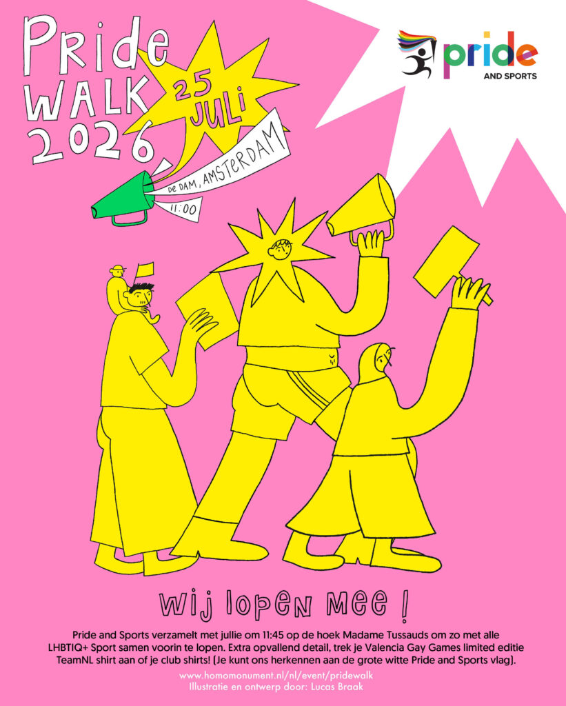 Geelgekleurde tekening van demonstrerende mensen met megafoons en protestborden op een roze achtergrond voor Pride Walk 2026.