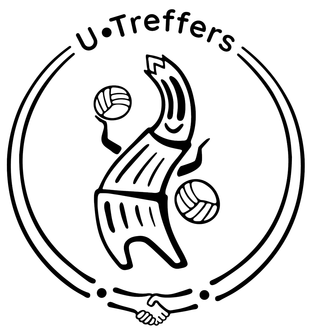 Zwart-wit logo van U-Treffers met een gestileerde volleyballer die een bal slaat, omringd door cirkels en een handdruk onderaan.