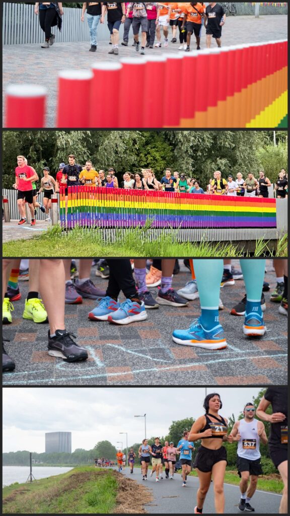 Pride Run Amsterdam 2026: Overzicht van deelnemers die rennen langs een kleurrijke hindernisbaan, met focus op de loopkleding en schoenen.