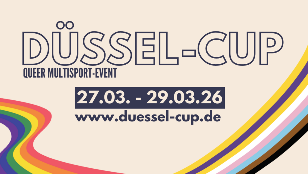Düssel-Cup 2026: Queer Multisport evenement in Düsseldorf, 27-29 maart 2026. Rainbow en transgender vlag symbolen.
