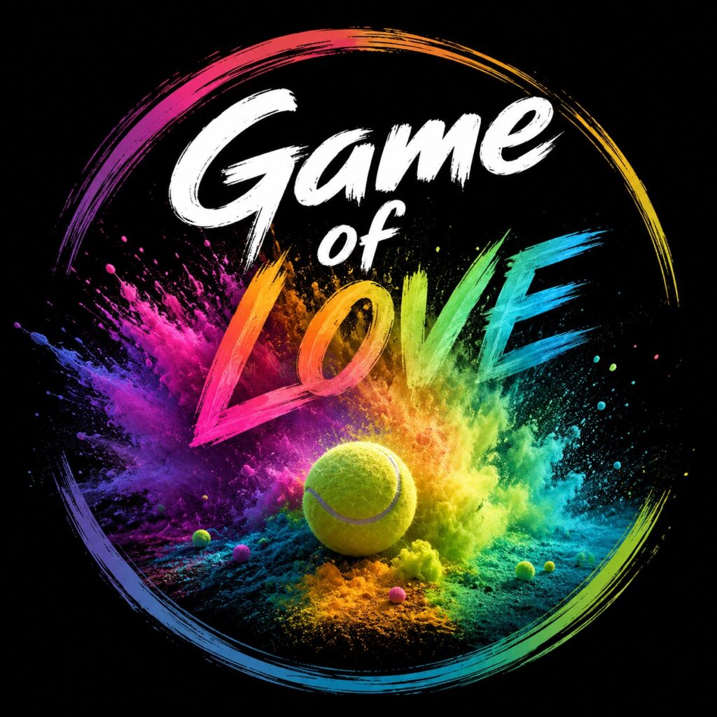 Tennisbal rust in een wolk van felgekleurd poeder onder de tekst Game of Love binnen een cirkelvormig kader op een zwarte achtergrond.