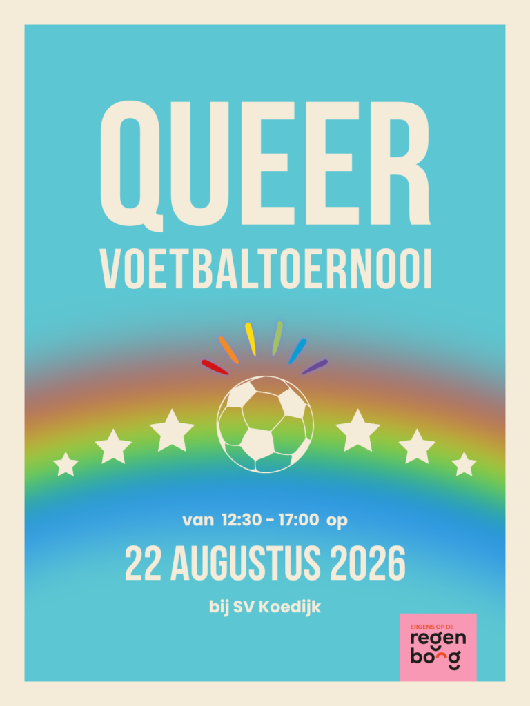 Aankondiging voor het Queer Voetbaltoernooi op 22 augustus 2026 bij SV Koedijk met een regenboog, sterren en een voetbal.